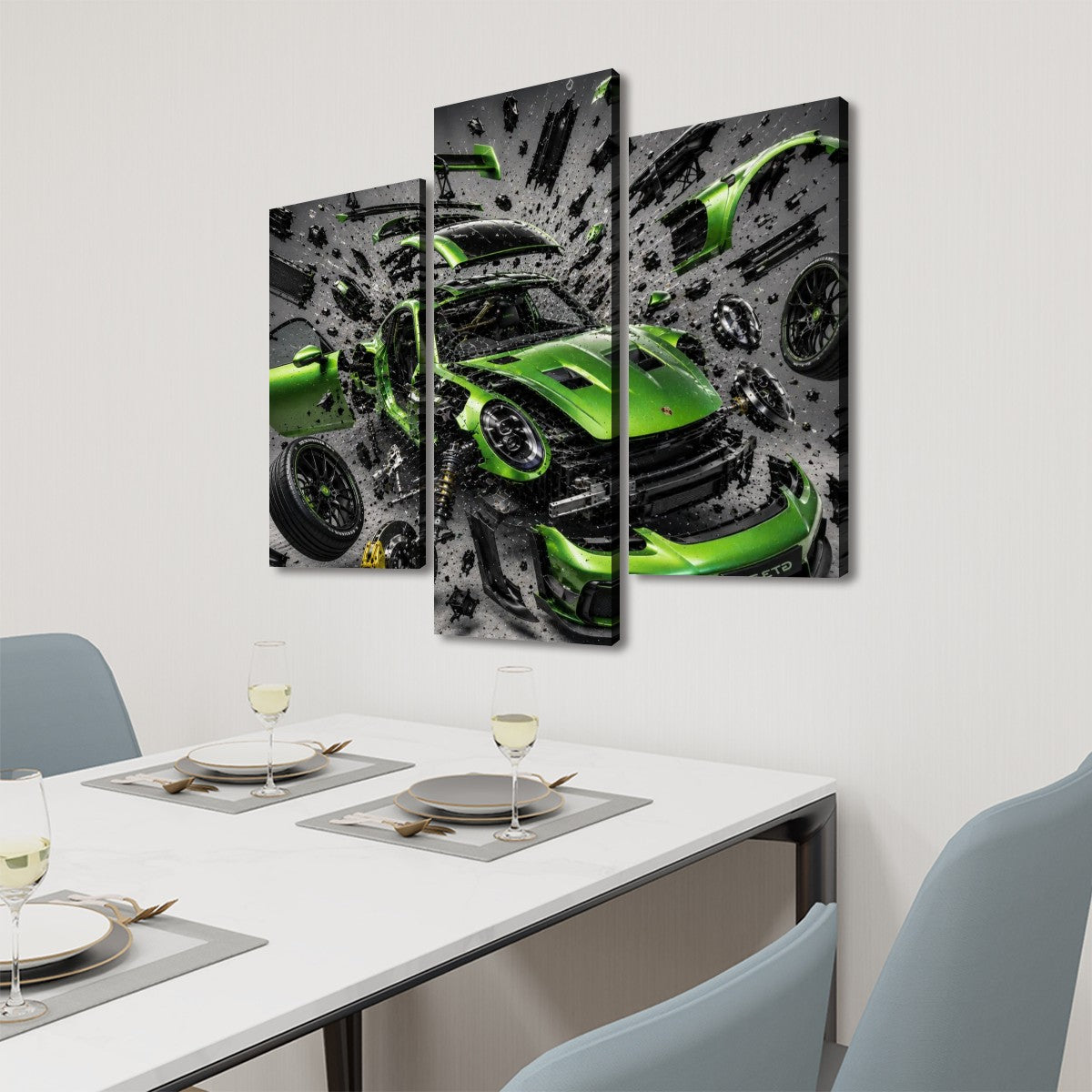 3 Panels Canvas Prints Wall Art Green Shattered Porsche GT3 RS