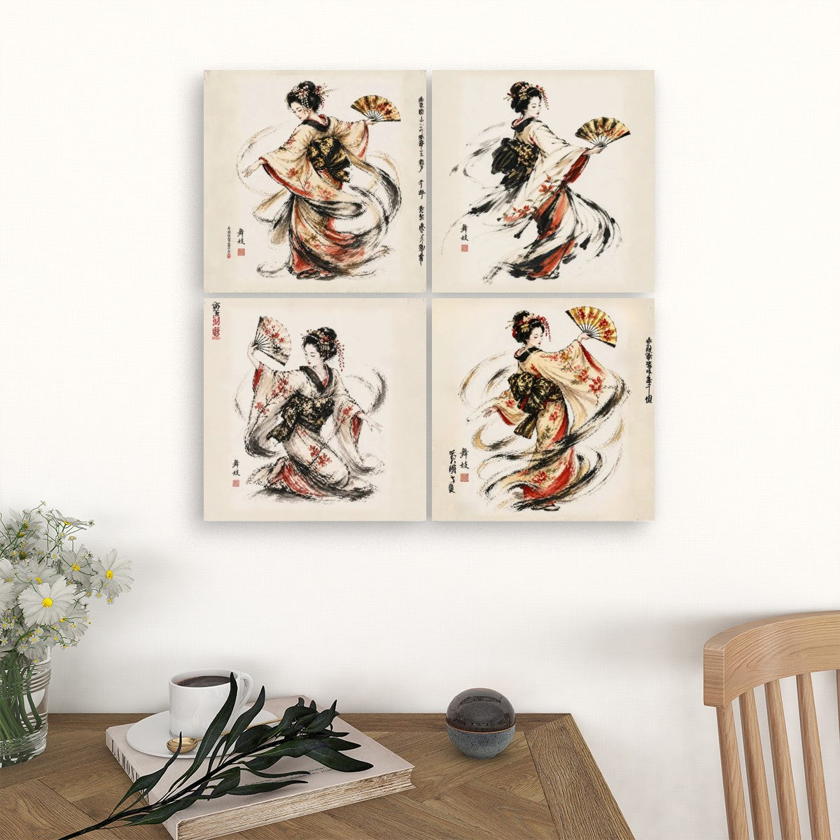 4 Panels Canvas Prints Wall Art Geisha Dance