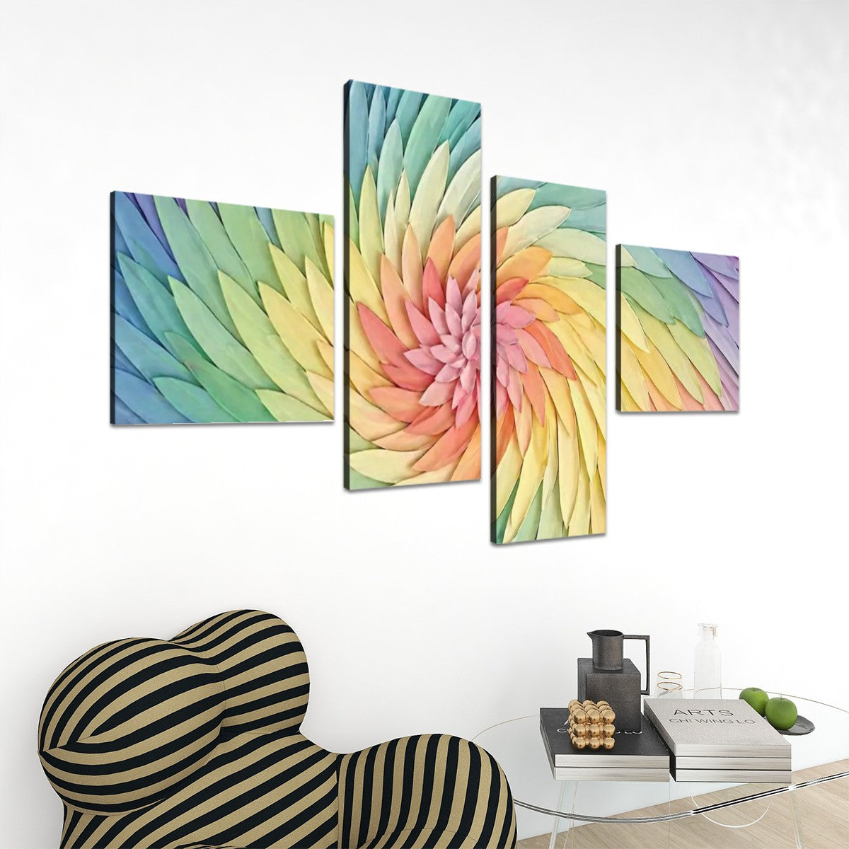 4 Panels Canvas Prints Wall Art Spiral Rainbow