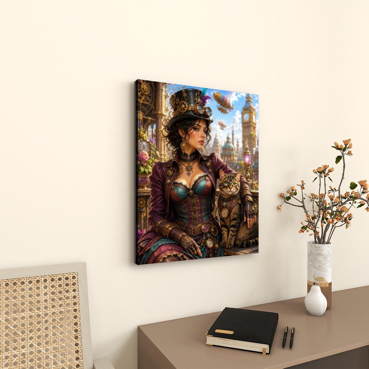 Canvas Prints Wall Art Steampunk Woman with Cat