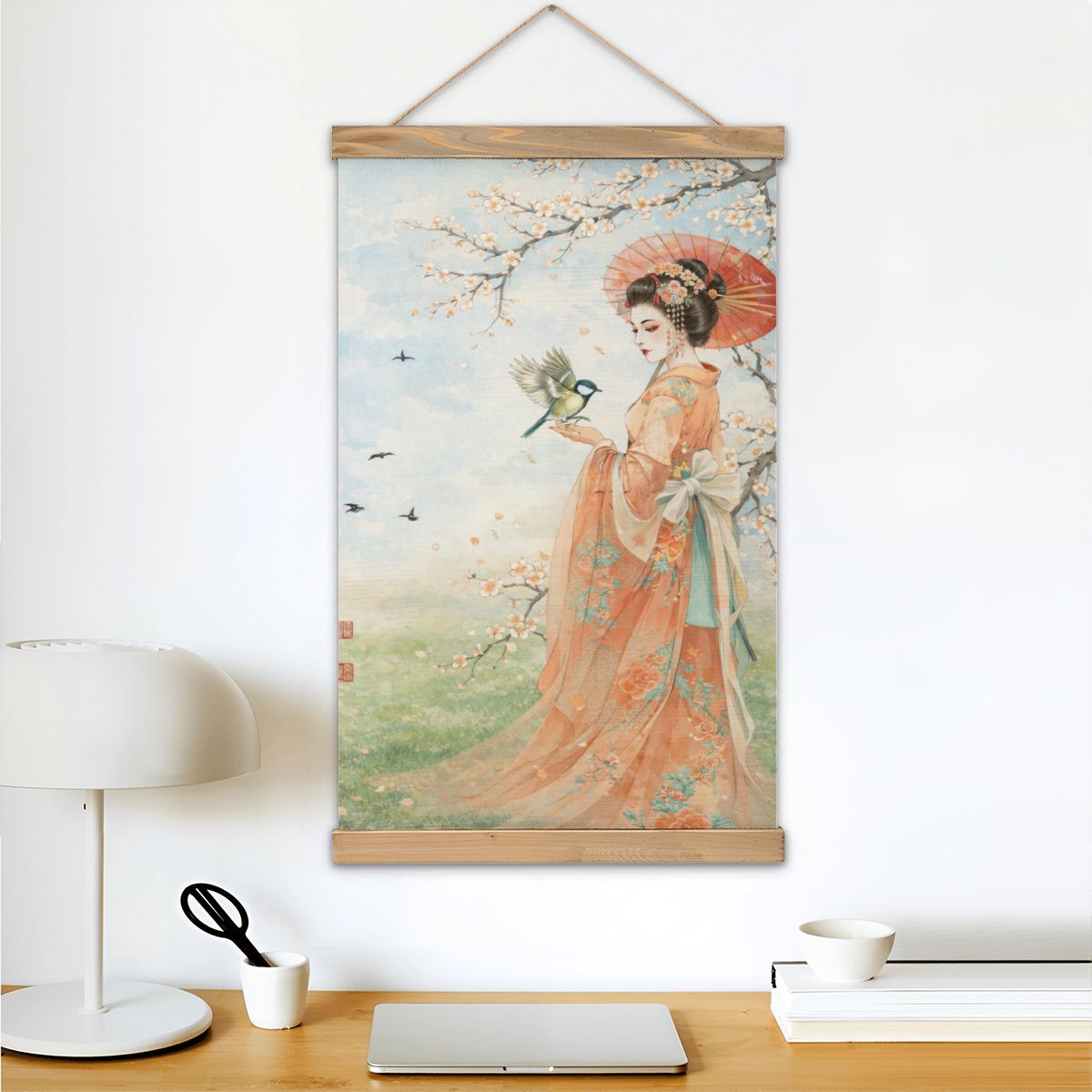Linen Canvas Wall Art Geisha and Bird