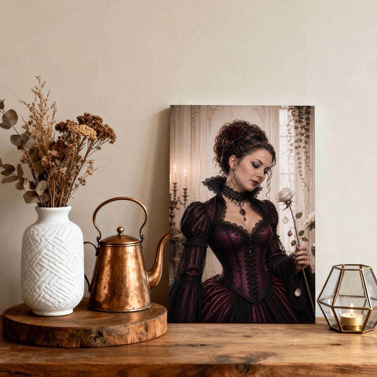 Framed Canvas Painting Gothic Victorian Woman with Rose Halloween (Made in USA)