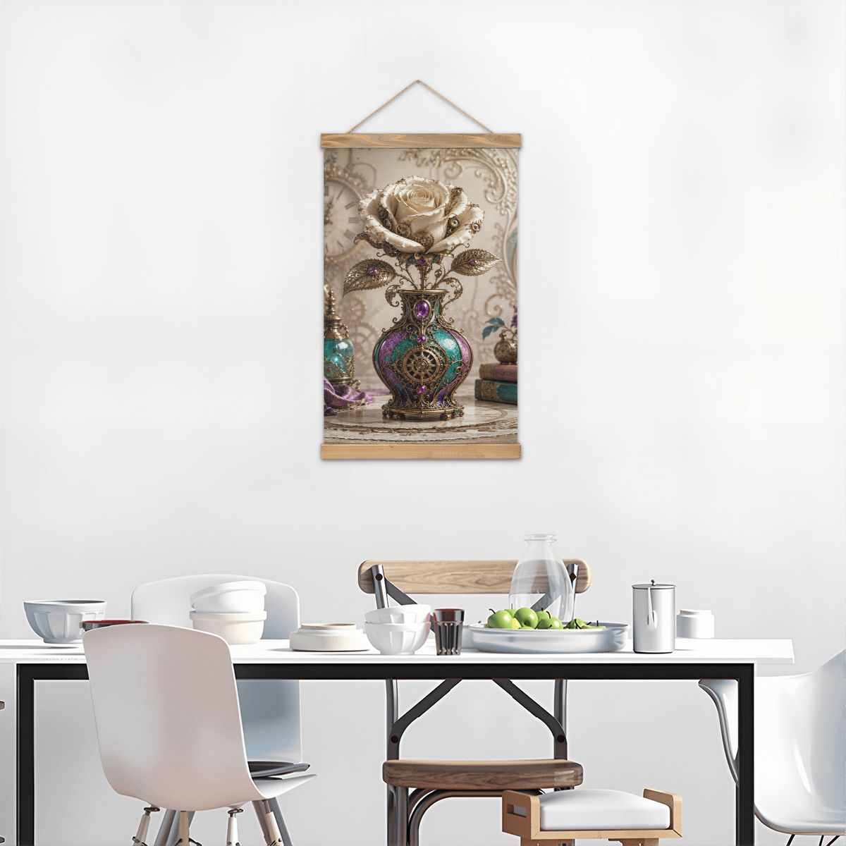 Linen Canvas Wall Art Steampunk Vase with Rose