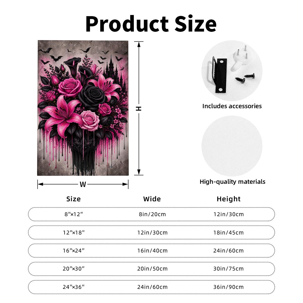 Framed Canvas Painting Pink and Black Halloween Flower Bouquet (Made in USA)