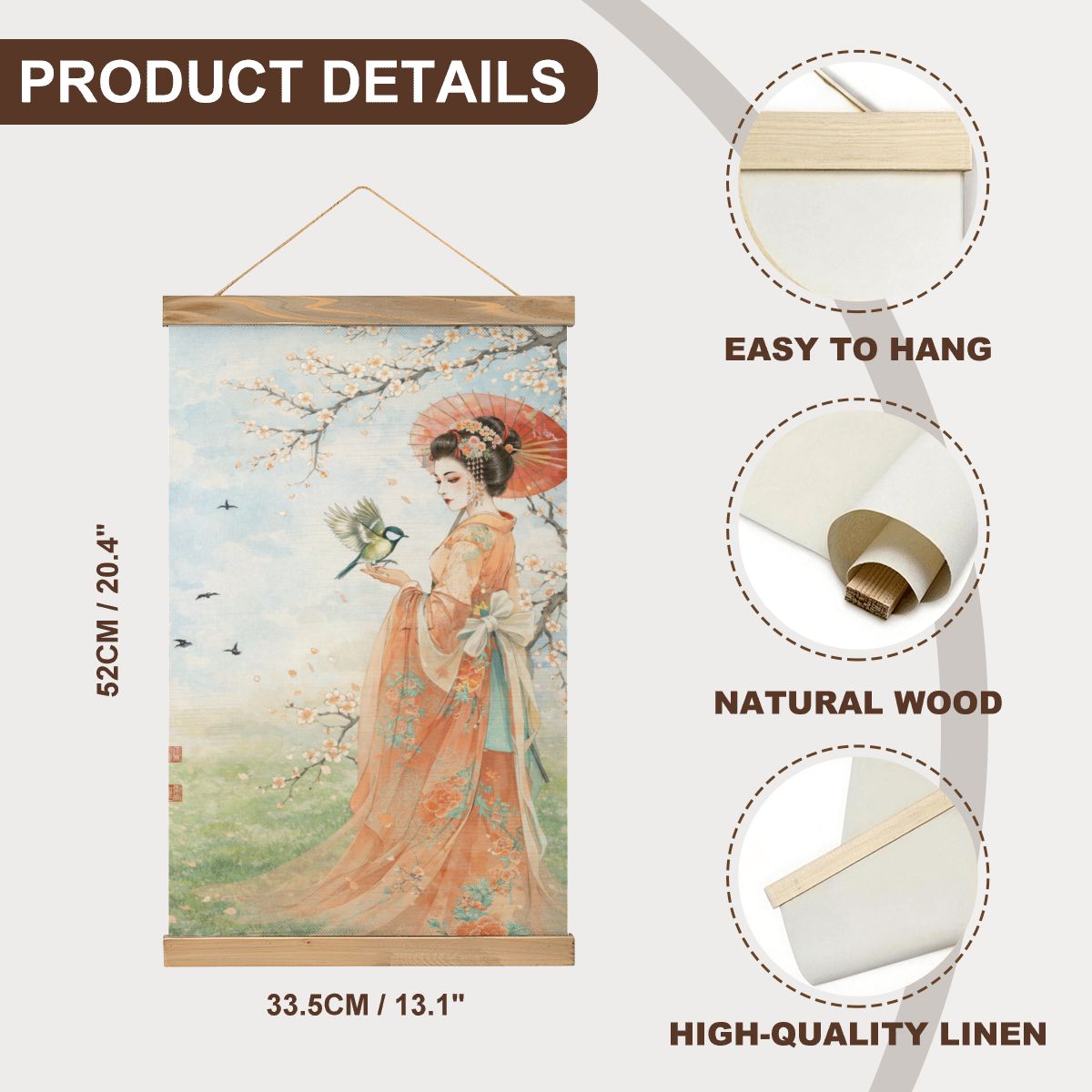 Linen Canvas Wall Art Geisha and Bird