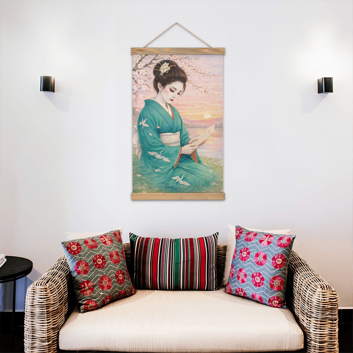 Linen Canvas Wall Art Geisha Reading