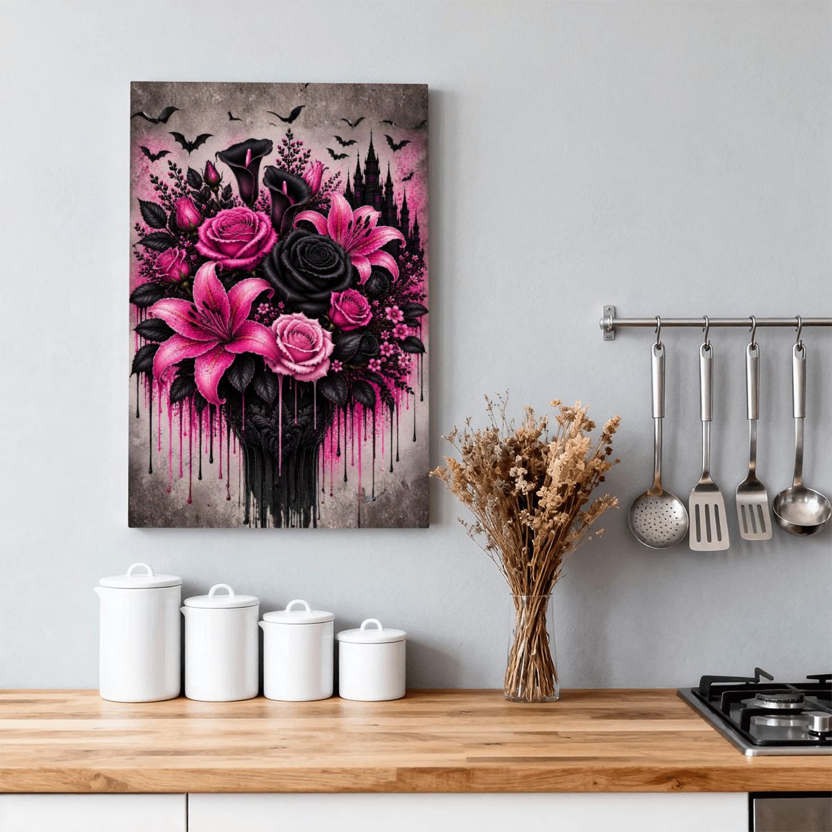 Framed Canvas Painting Pink and Black Halloween Flower Bouquet (Made in USA)